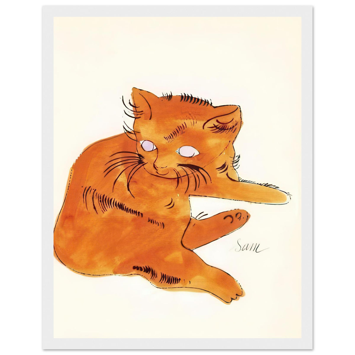 Andy Warhol framed print depicting a spare contour drawing gives the animal its personality, while uncomplicated forms keep the focus on the cat’s outline and pose, white frame, 27x35 cm / 11x14″