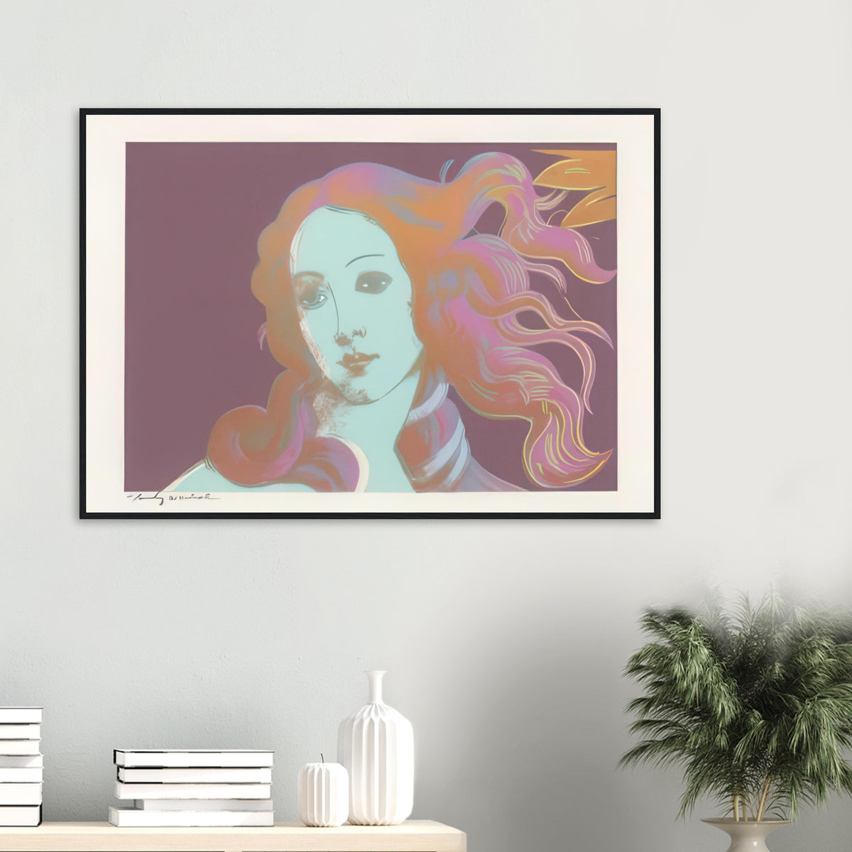 Andy Warhol framed print depicting venus emerging from the sea in a detail from the Renaissance painting, a detail that connects the composition to its broader artistic subject