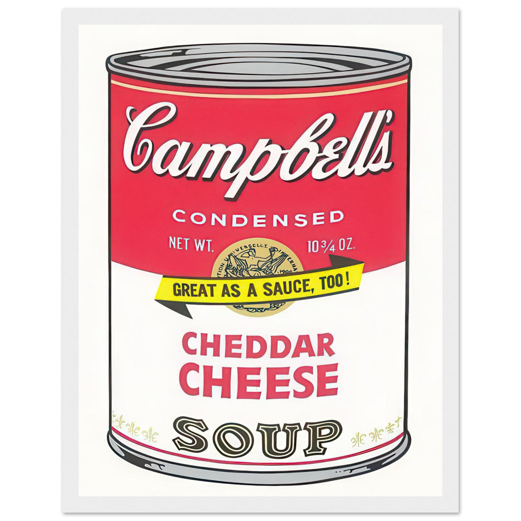 Andy Warhol framed print depicting the instantly legible soup-can silhouette, packaging lettering and product name create a highly recognizable commercial composition, white frame, 27x35 cm / 11x14″
