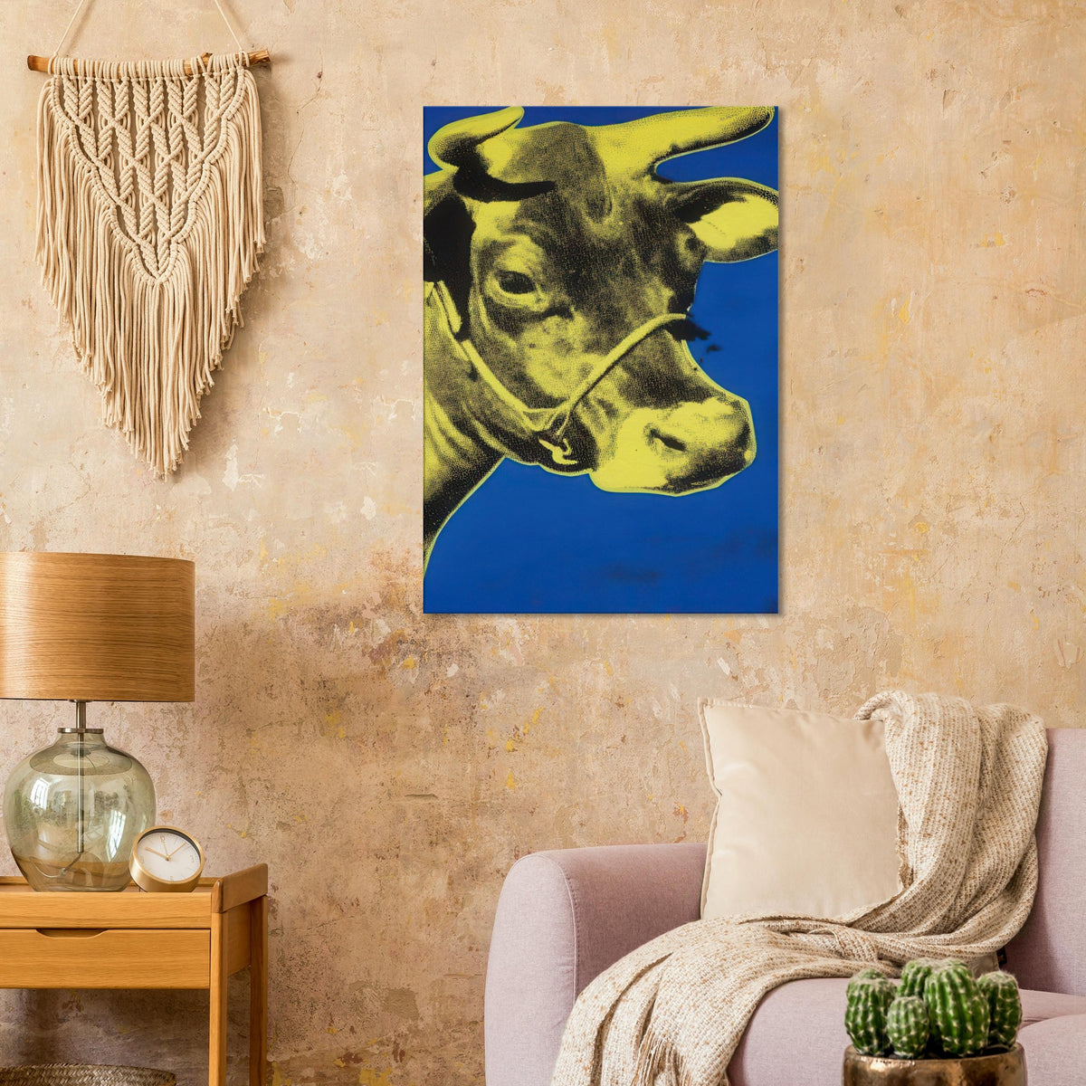 Andy Warhol canvas print depicting the cow’s face becomes a bold graphic presence, replacing the gentle mood of traditional animal painting with irreverent visual impact
