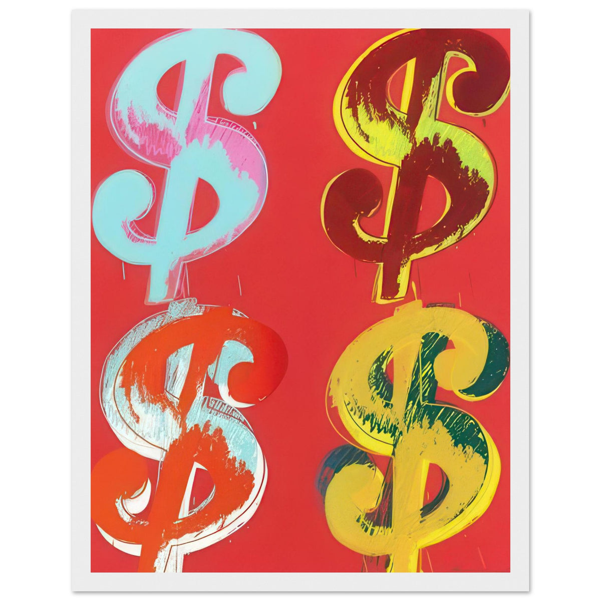 Andy Warhol framed print depicting the repeated or isolated currency mark operates like a logo: simple, recognizable and assertive, white frame, 27x35 cm / 11x14″