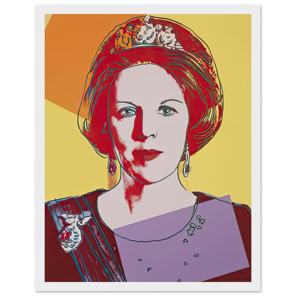 Andy Warhol framed print depicting this work depicts Queen Beatrix of the Netherlands; The Reigning Queens portfolio presented four women who held ruling power in their own right: Elizabeth, white frame, 27x35 cm / 11x14″