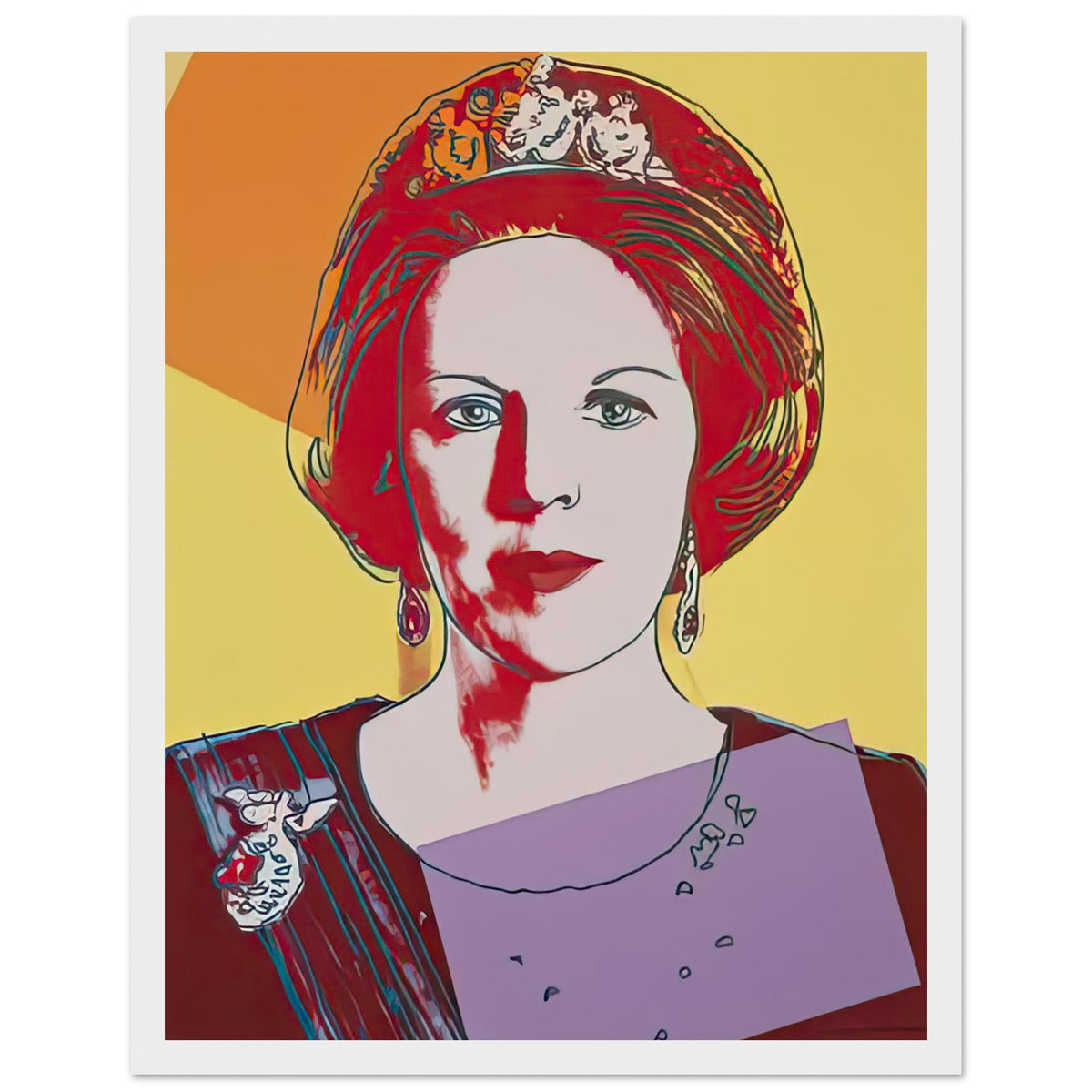 Andy Warhol framed print depicting this work depicts Queen Beatrix of the Netherlands; The Reigning Queens portfolio presented four women who held ruling power in their own right: Elizabeth, white frame, 27x35 cm / 11x14″