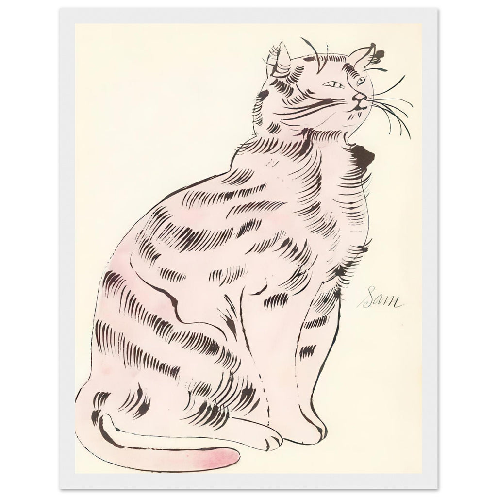 Andy Warhol framed print depicting a spare contour drawing gives the animal its personality, while uncomplicated forms keep the focus on the cat’s outline and pose, white frame, 27x35 cm / 11x14″