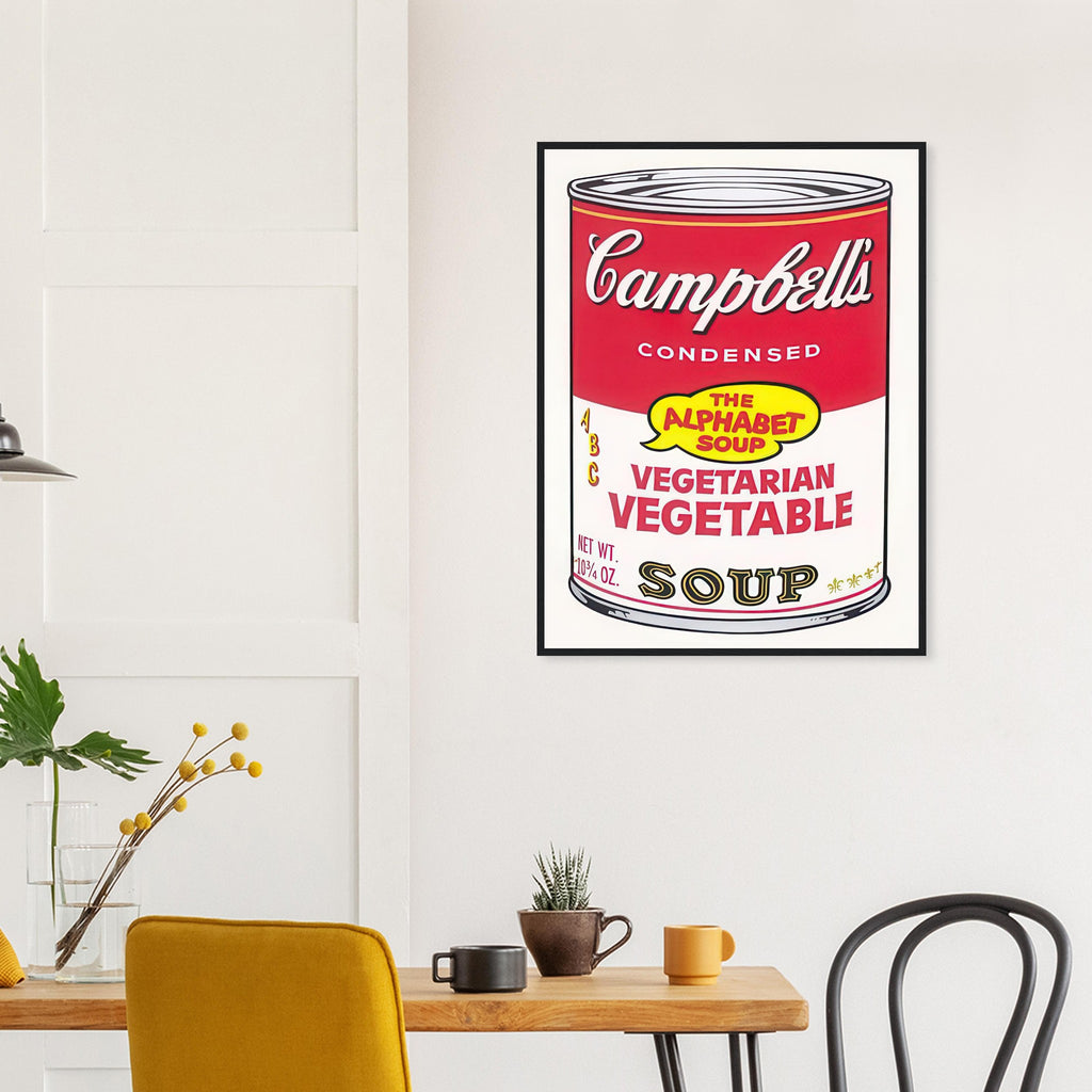 Andy Warhol framed print depicting the instantly legible soup-can silhouette, packaging lettering and product name create a highly recognizable commercial composition