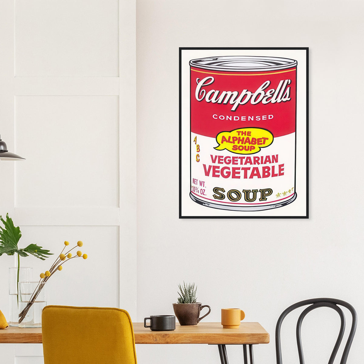 Andy Warhol framed print depicting the instantly legible soup-can silhouette, packaging lettering and product name create a highly recognizable commercial composition