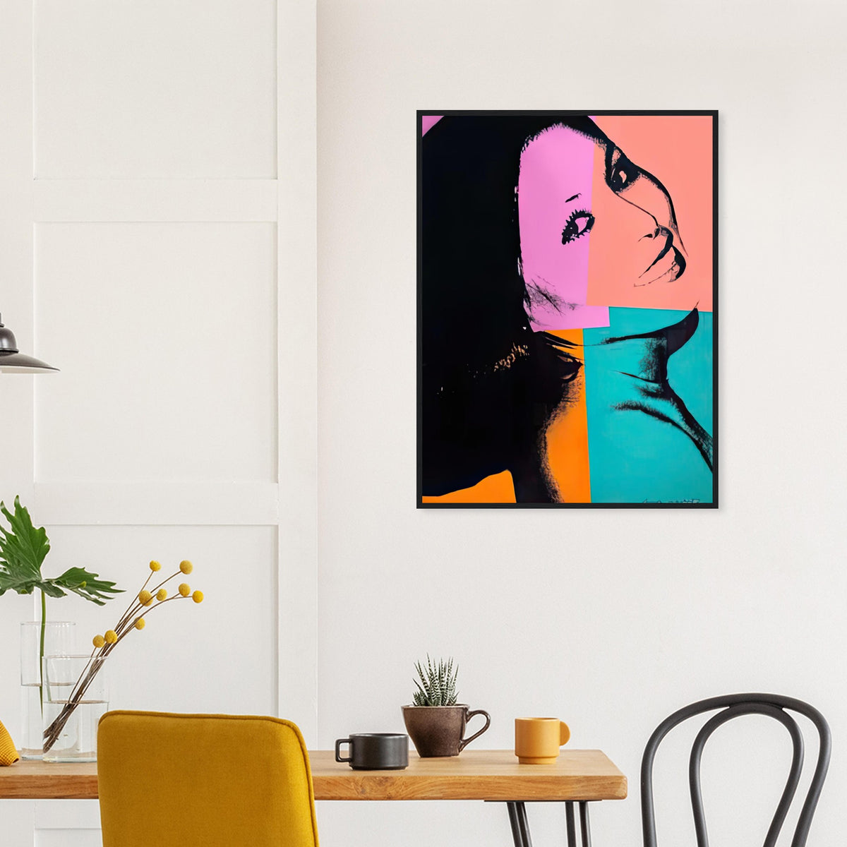 Andy Warhol framed print depicting pink, orange and turquoise blocks divide Sachiko’s relaxed, smiling photographic image into uneven sections; Sachiko Goodman, a New York real estate broker and art collector, was part of Warhol’s social circle