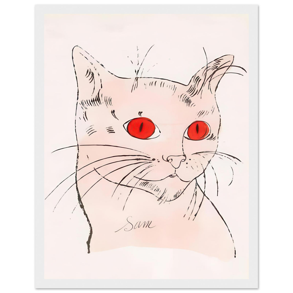 Andy Warhol framed print depicting a spare contour drawing gives the animal its personality, while uncomplicated forms keep the focus on the cat’s outline and pose, white frame, 27x35 cm / 11x14″