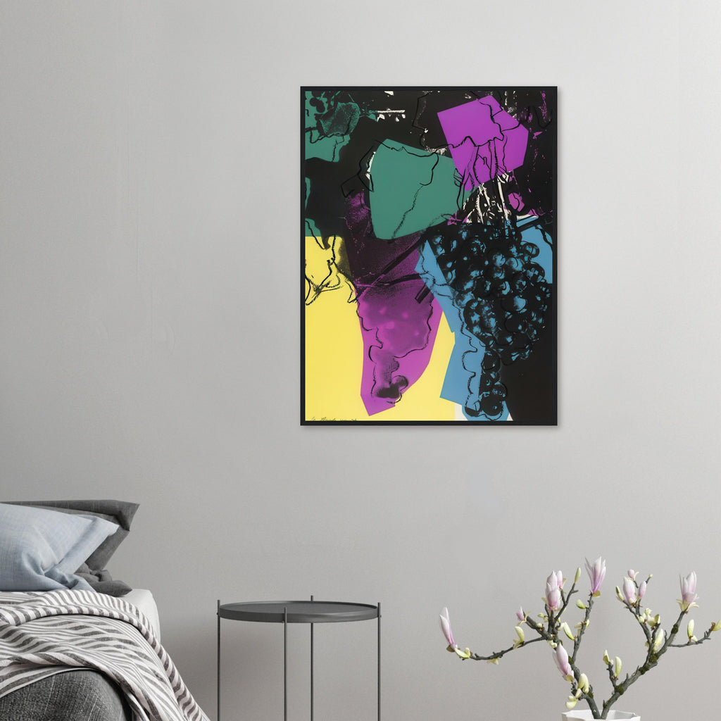 Andy Warhol framed print depicting rounded grape forms and flowing stems provide a decorative rhythm, while the composition feels more graphic than naturalistic