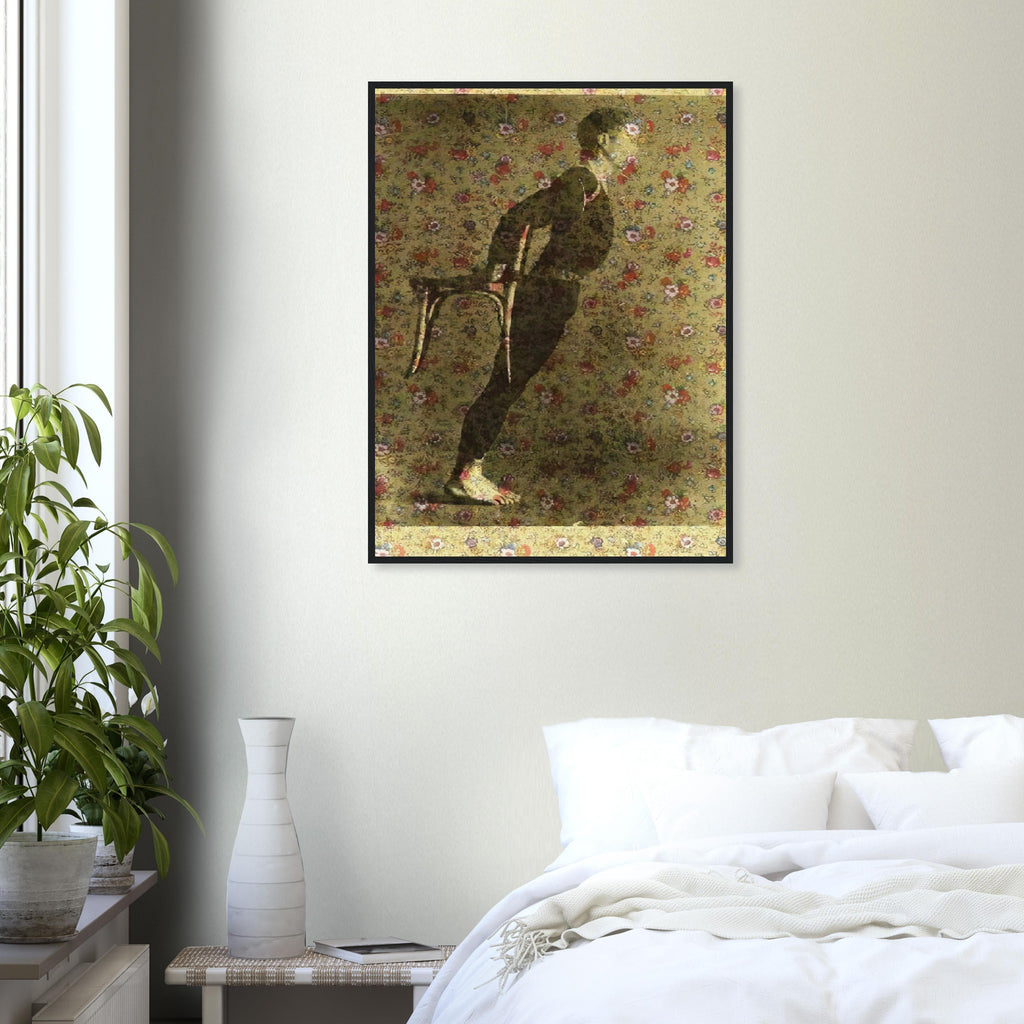 Andy Warhol framed print depicting the dancer leans at a pronounced angle near a chair; floral wrapping paper interrupts the expected studio background; Warhol’s Merce Cunningham I shows the American choreographer and dancer at the intersection of visual