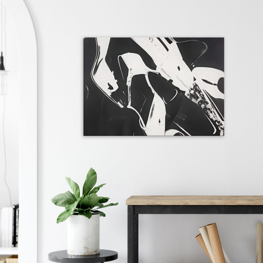 Andy Warhol canvas print depicting a lively arrangement of footwear, with overlapping silhouettes and decorative texture, a detail that connects the composition to its broader artistic subject