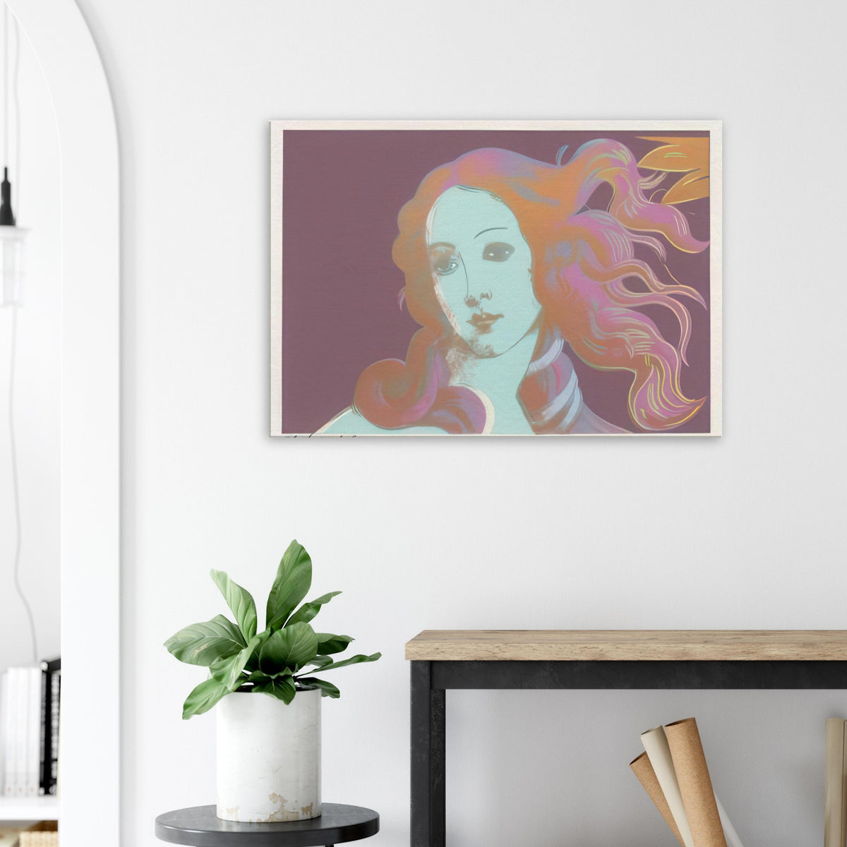 Andy Warhol canvas print depicting venus emerging from the sea in a detail from the Renaissance painting, a detail that connects the composition to its broader artistic subject