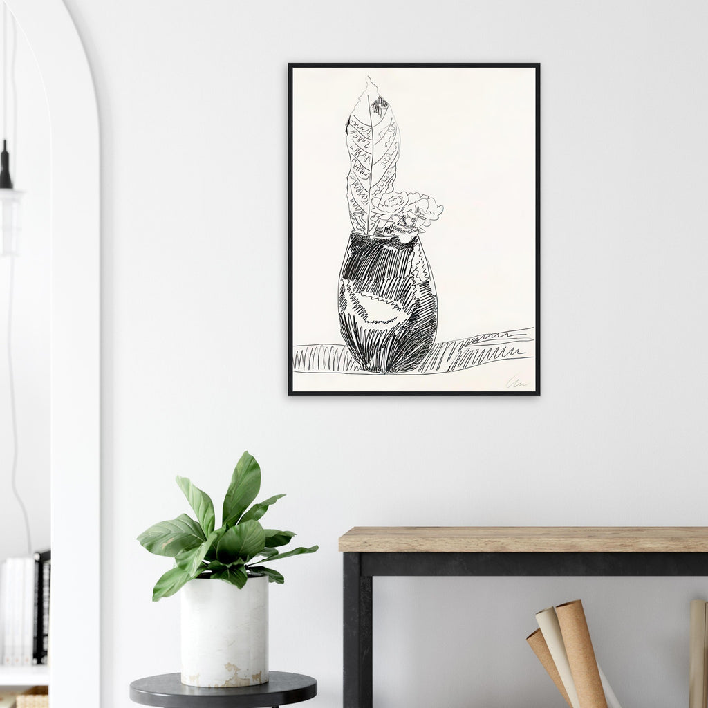 Andy Warhol framed print depicting the black-and-white treatment emphasizes shapes, texture and the structure of the flowers rather than bright color accents