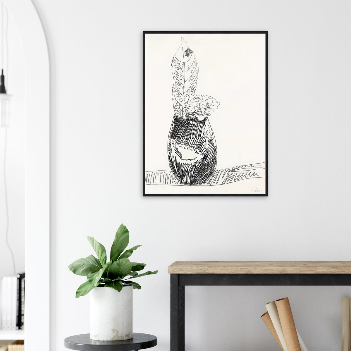 Andy Warhol framed print depicting the black-and-white treatment emphasizes shapes, texture and the structure of the flowers rather than bright color accents
