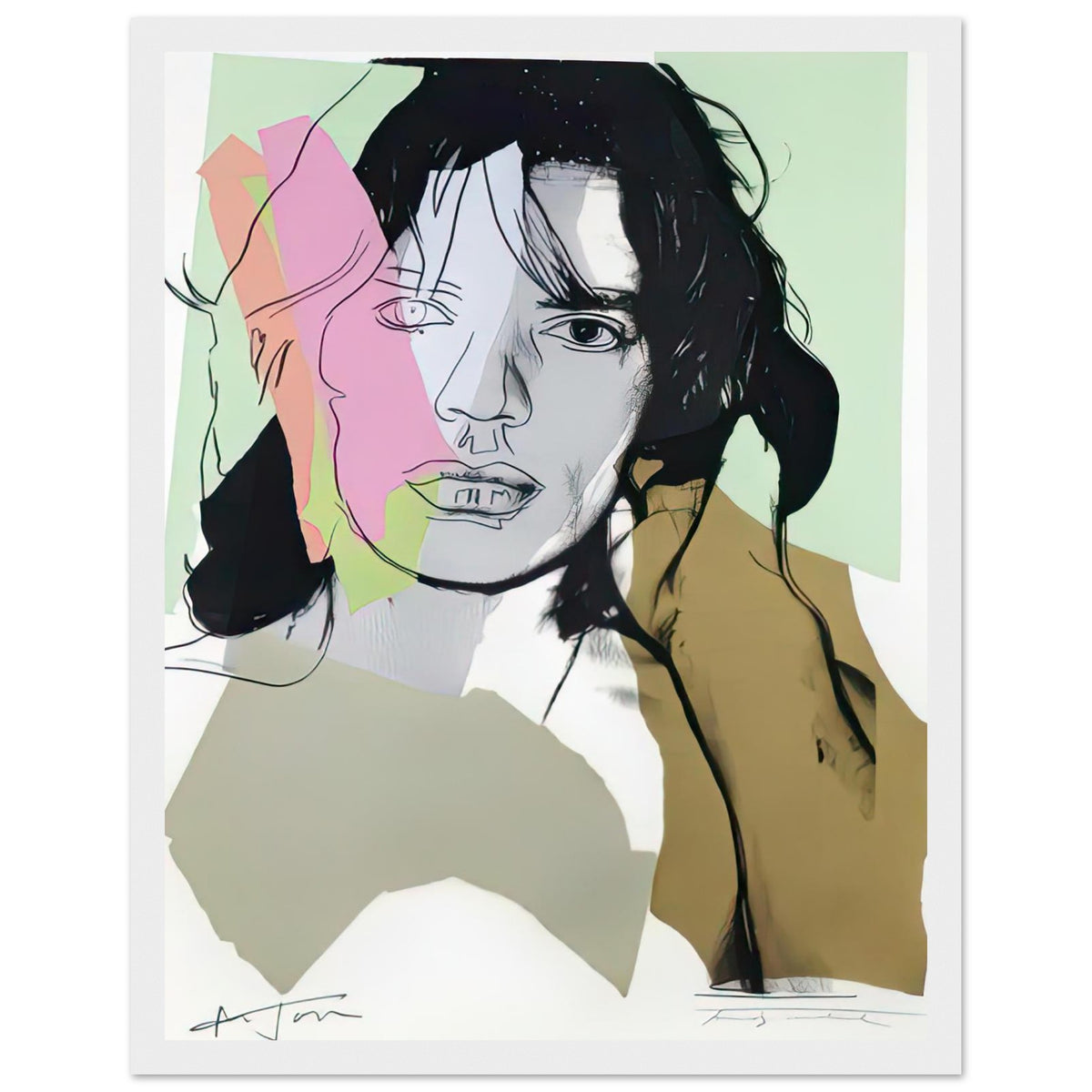 Andy Warhol framed print depicting only fragments of the original photographic shading and hair are retained beneath reintroduced outlines and collage-like colour shapes; Warhol’s ten Mick Jagger portraits followed a long friendship with the Rolling Stones singer, including, white frame, 27x35 cm / 11x14″