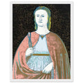 Andy Warhol framed print depicting the saint’s solemn presence, her symbolic attribute and the cracked appearance of the source painting remain visible; Warhol’s Saint Apollonia portfolio draws upon a Renaissance devotional image associated with Piero della, white frame, 27x35 cm / 11x14″