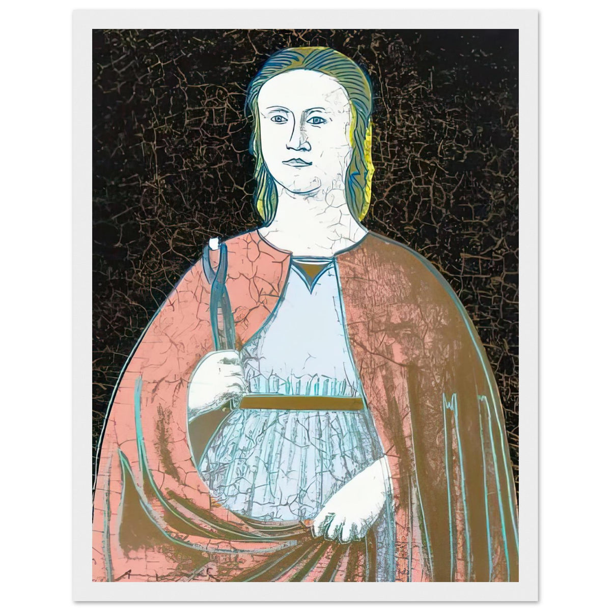 Andy Warhol framed print depicting the saint’s solemn presence, her symbolic attribute and the cracked appearance of the source painting remain visible; Warhol’s Saint Apollonia portfolio draws upon a Renaissance devotional image associated with Piero della, white frame, 27x35 cm / 11x14″