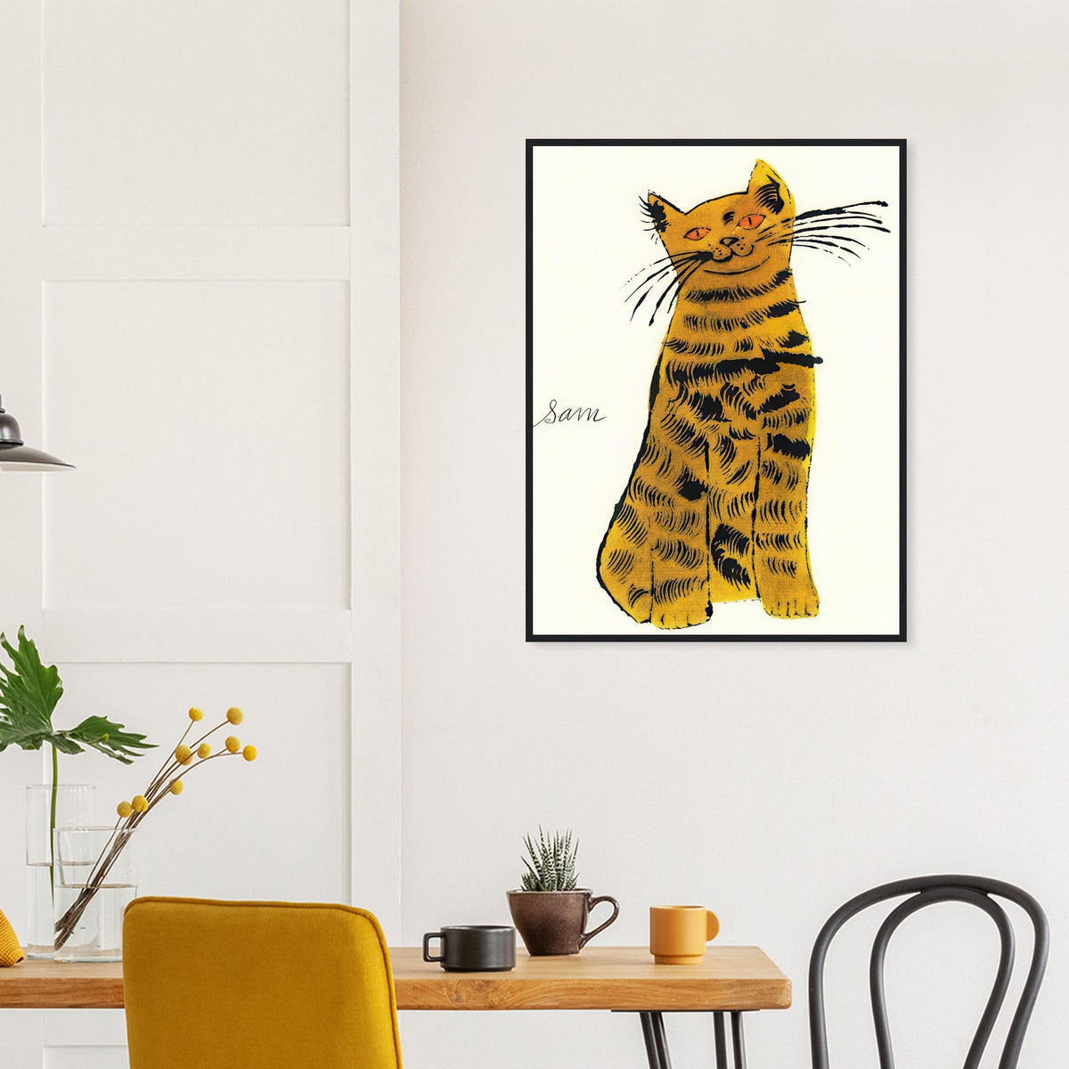 Andy Warhol framed print depicting a spare contour drawing gives the animal its personality, while uncomplicated forms keep the focus on the cat’s outline and pose