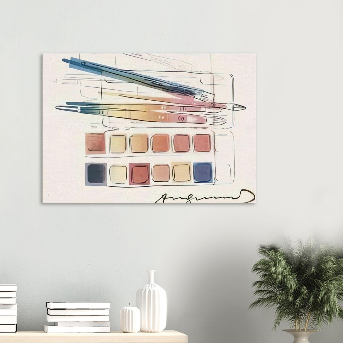 Andy Warhol canvas print depicting the compact arrangement of a watercolor painting set, a detail that connects the composition to its broader artistic subject