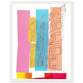 Andy Warhol framed print depicting sketched high-rise buildings are crossed by pink, blue and orange colour fields in a collage-like street scene; Viewpoint belongs to Warhol’s later experiments with drawing and unconventional subjects, white frame, 27x35 cm / 11x14″