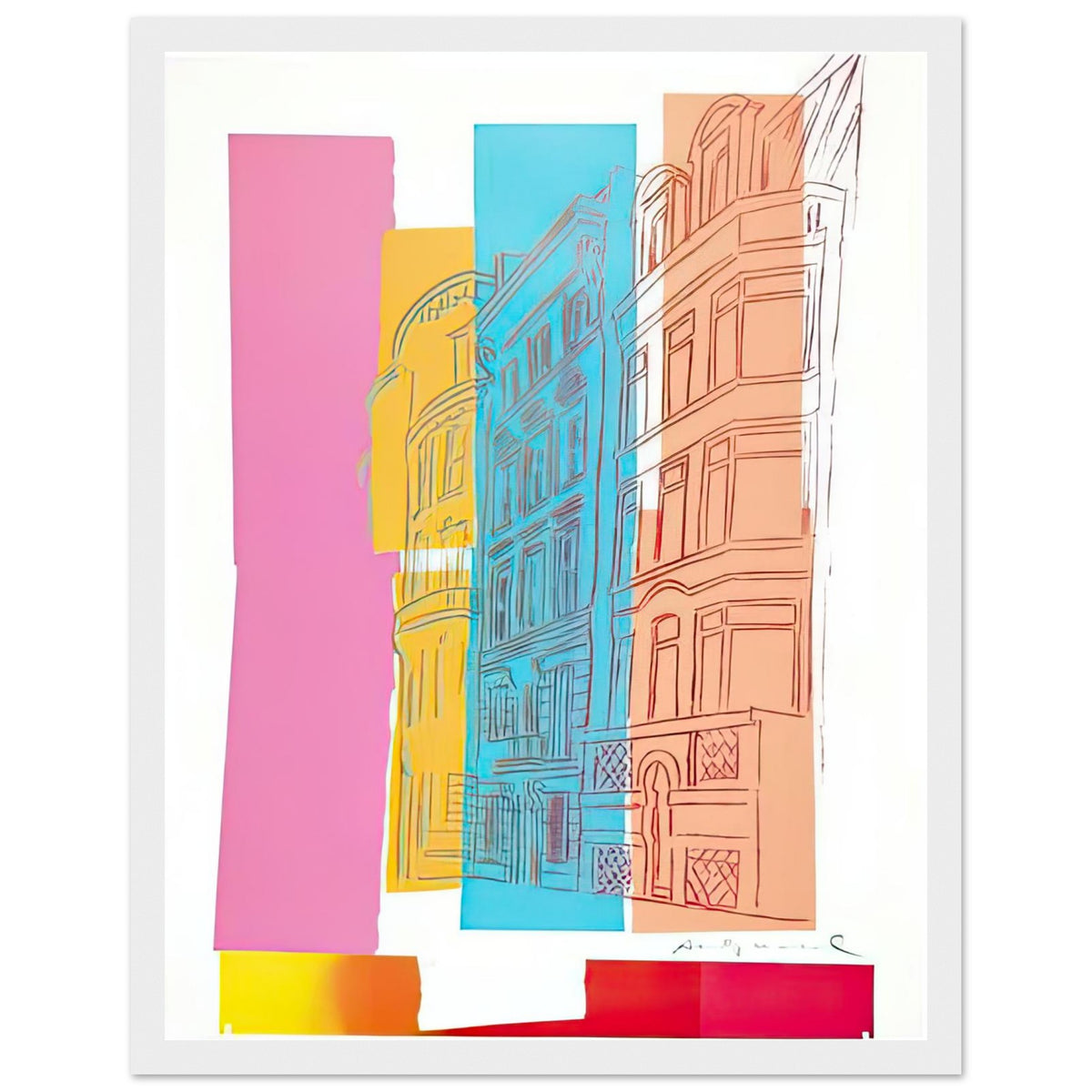 Andy Warhol framed print depicting sketched high-rise buildings are crossed by pink, blue and orange colour fields in a collage-like street scene; Viewpoint belongs to Warhol’s later experiments with drawing and unconventional subjects, white frame, 27x35 cm / 11x14″