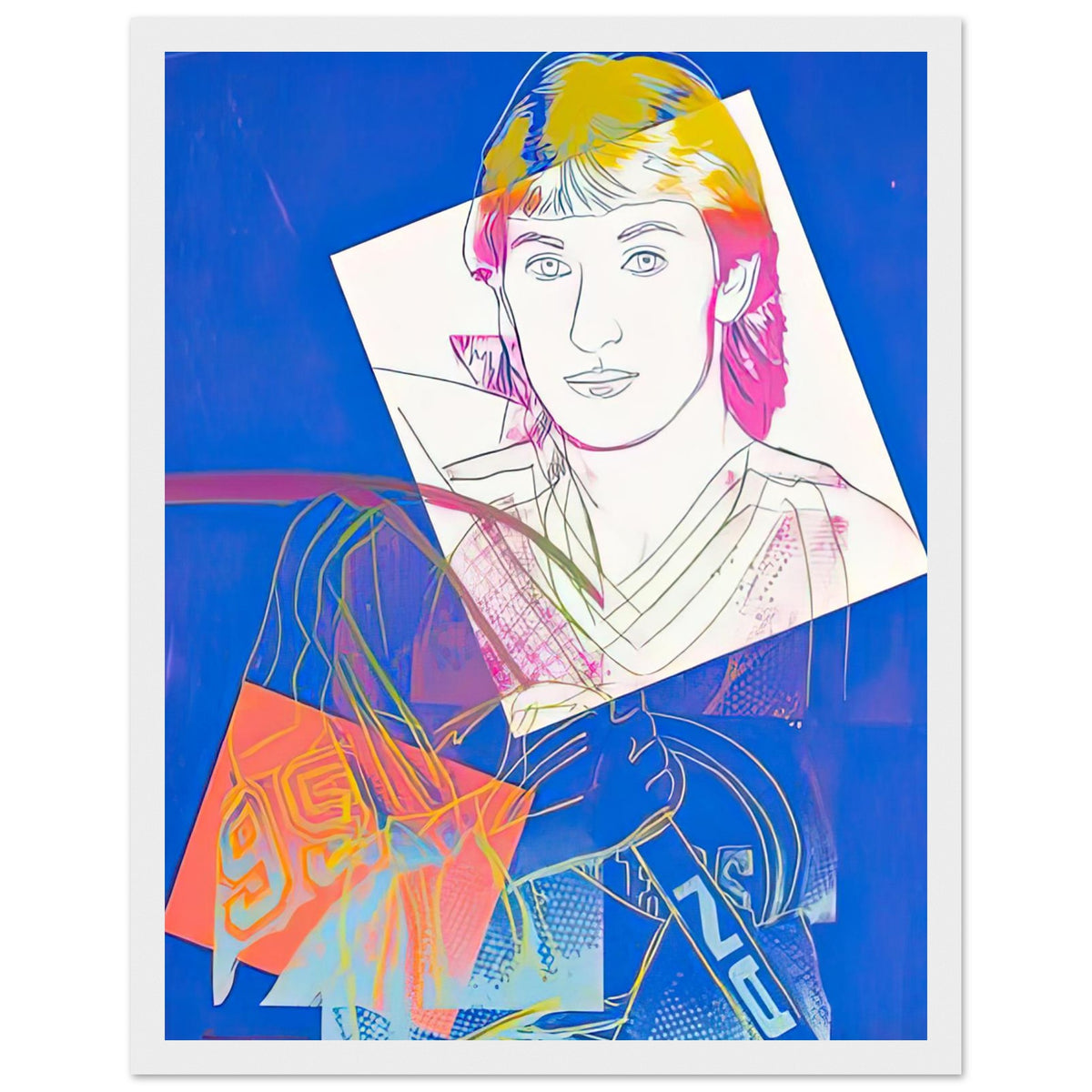 Andy Warhol framed print depicting a blue background and yellow linework frame layered imagery of Gretzky, emphasizing both his likeness and the rhythm of sport; Wayne Gretzky #99 presents the Canadian hockey player as a celebrity of sport, white frame, 27x35 cm / 11x14″