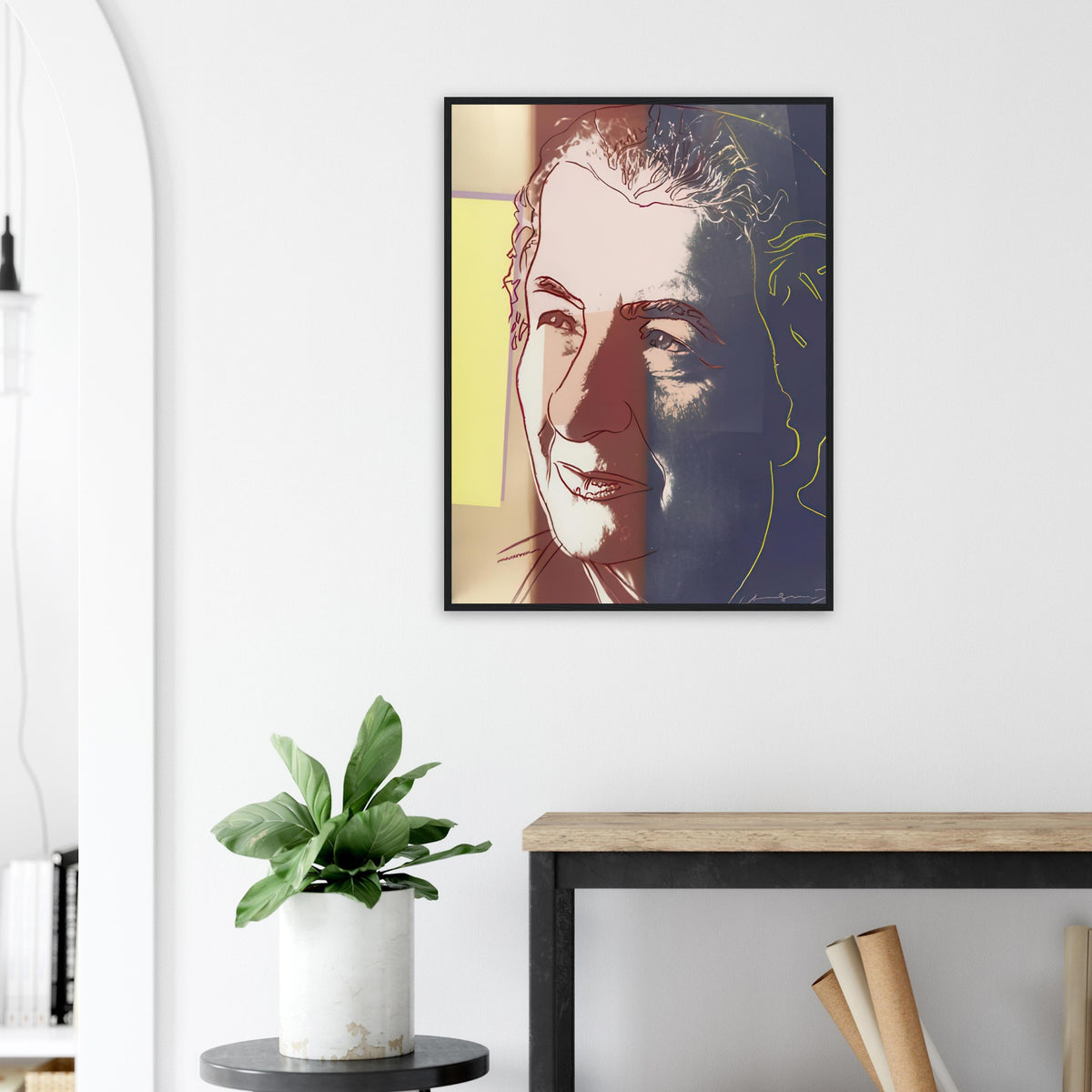 Andy Warhol framed print depicting the sitter’s recognizable face directs attention toward public image, personality and the graphic simplification of photographic portraiture