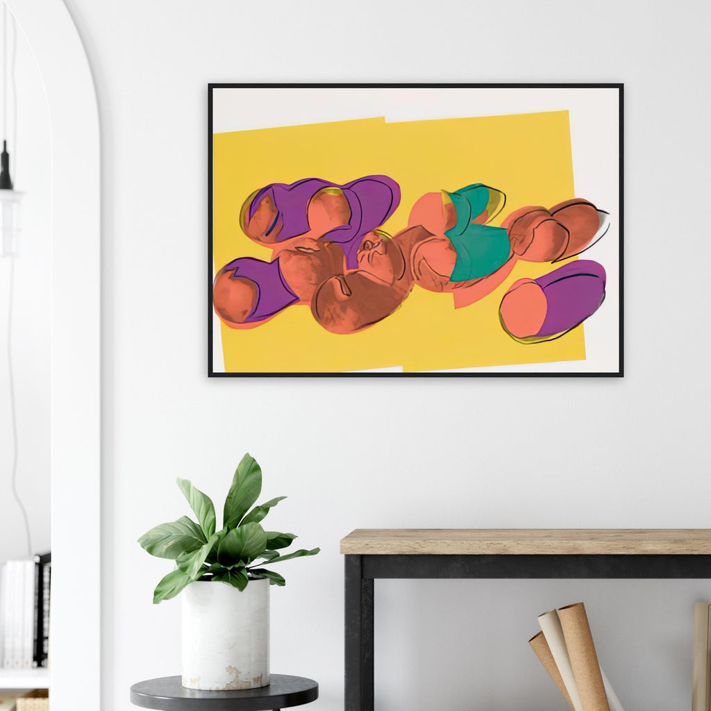 Andy Warhol framed print depicting rounded fruit forms, expressive edges and the recognizable shapes of peaches, a detail that connects the composition to its broader artistic subject