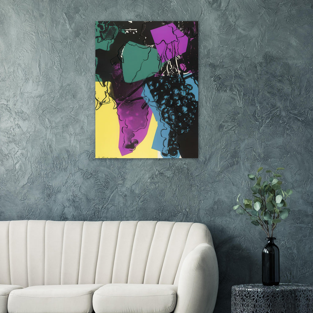 Andy Warhol poster depicting rounded grape forms and flowing stems provide a decorative rhythm, while the composition feels more graphic than naturalistic