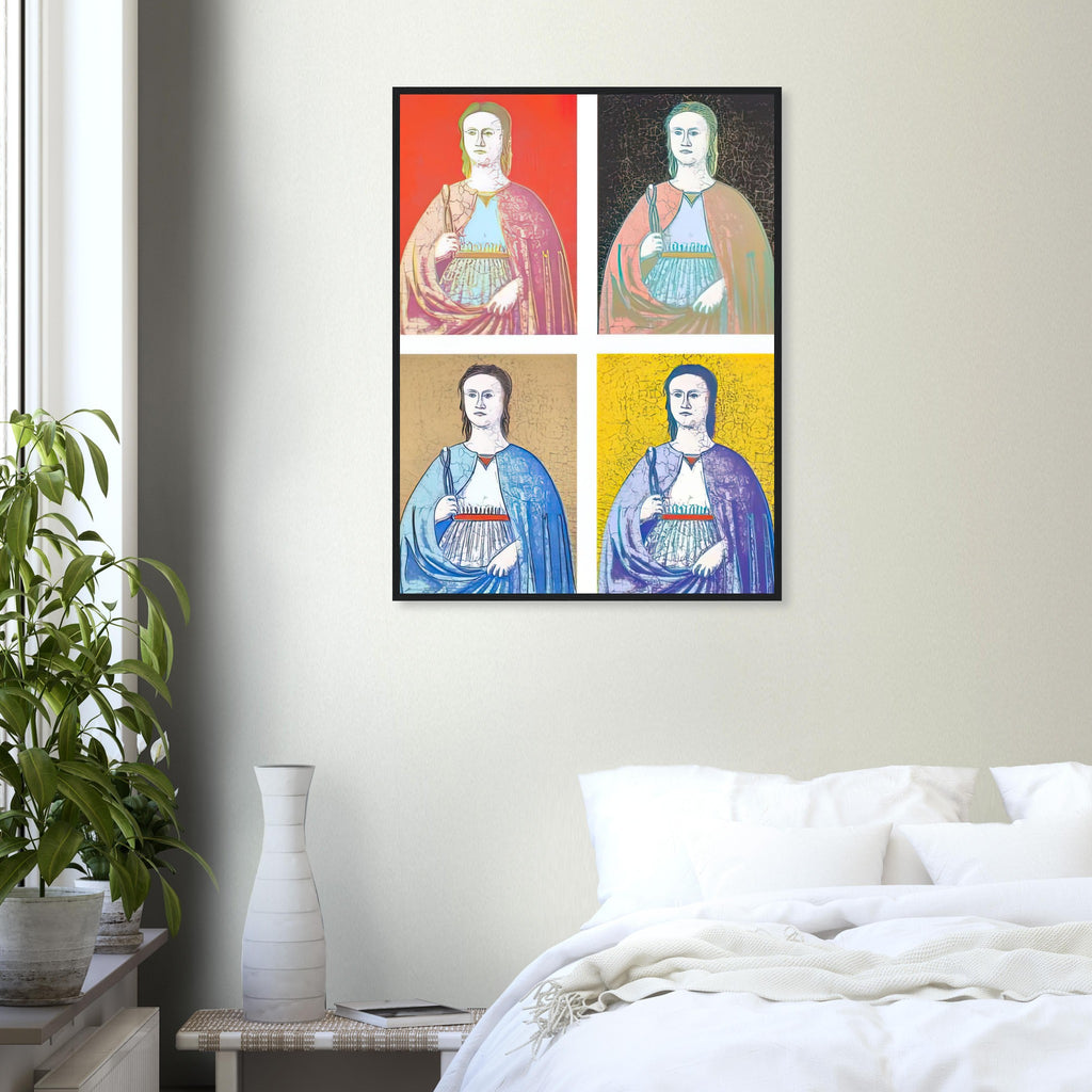 Andy Warhol framed print depicting the saint’s solemn presence, her symbolic attribute and the cracked appearance of the source painting remain visible; Warhol’s Saint Apollonia portfolio draws upon a Renaissance devotional image associated with Piero della