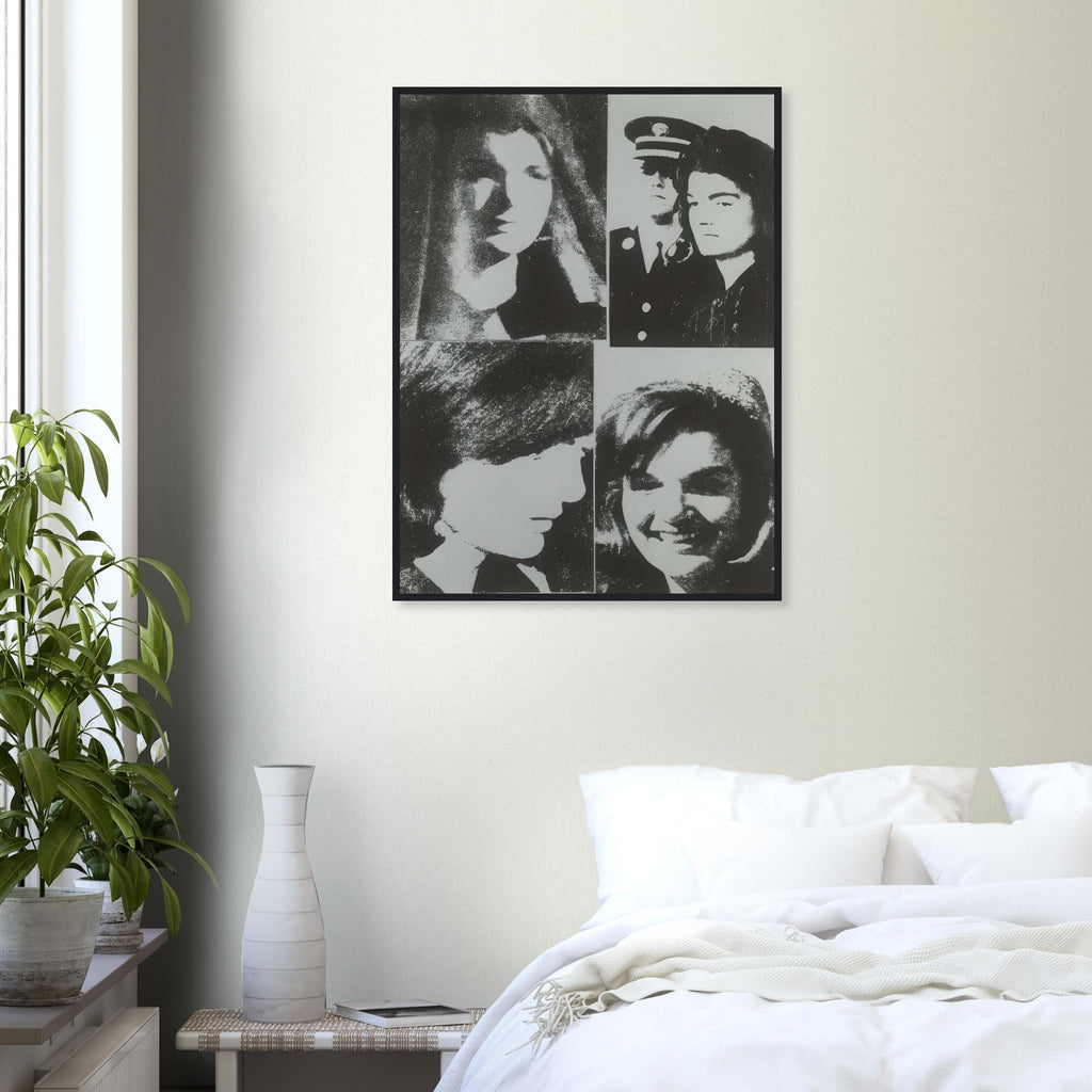 Andy Warhol framed print depicting the restrained crop emphasizes Jackie Kennedy’s face and its emotional resonance, demonstrating how a seemingly simple portrait can carry a powerful media history