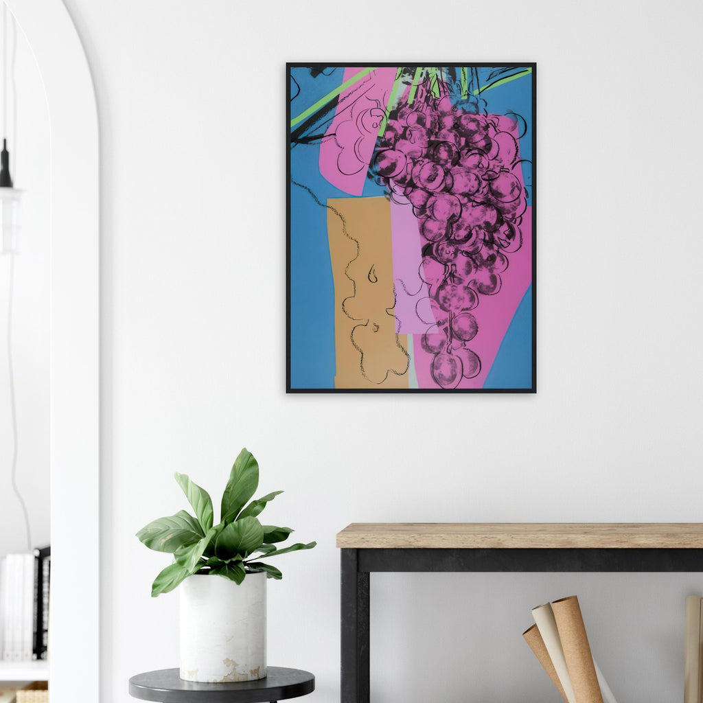 Andy Warhol framed print depicting rounded grape forms and flowing stems provide a decorative rhythm, while the composition feels more graphic than naturalistic
