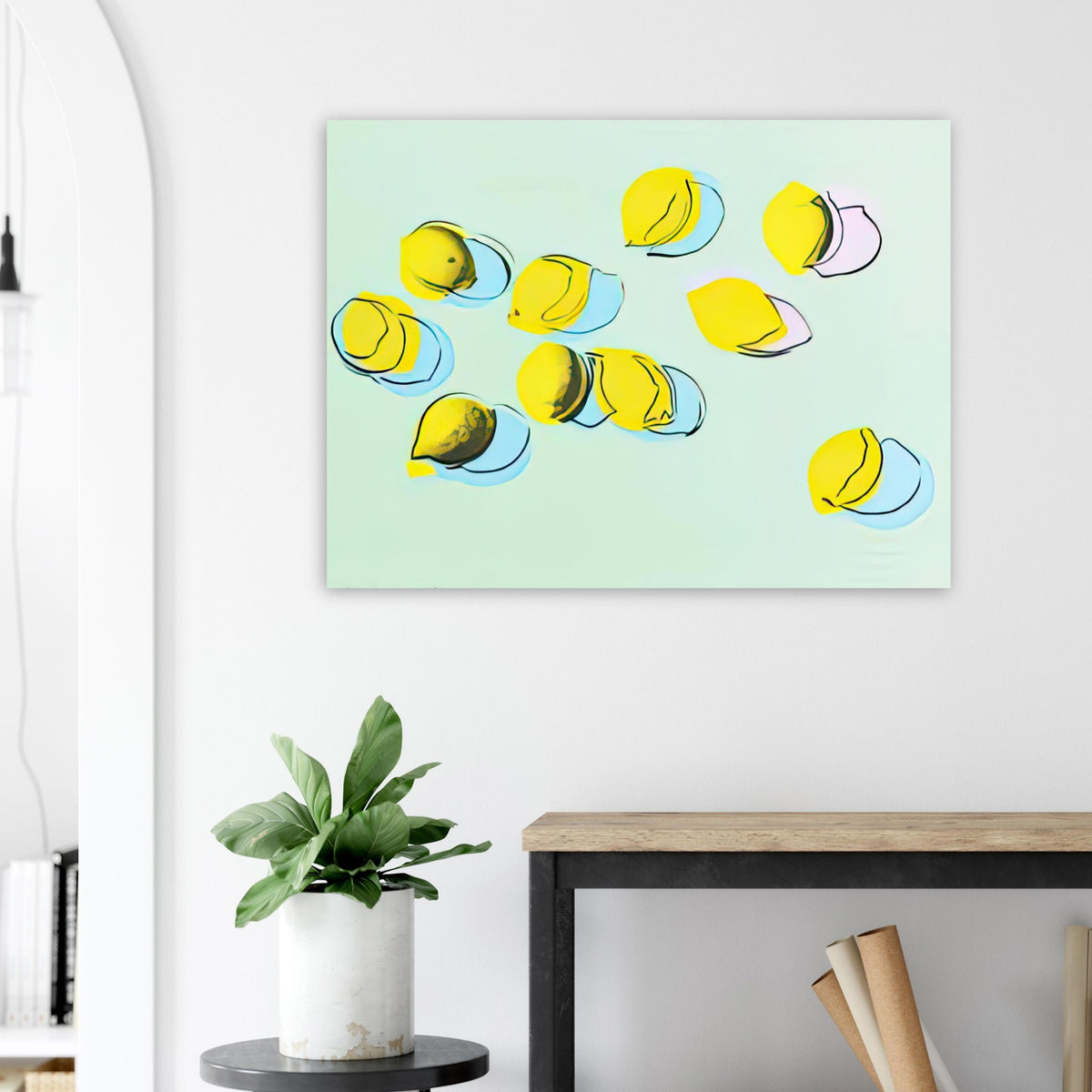 Andy Warhol poster depicting rounded fruit forms, expressive edges and the recognizable shapes of lemons, a detail that connects the composition to its broader artistic subject