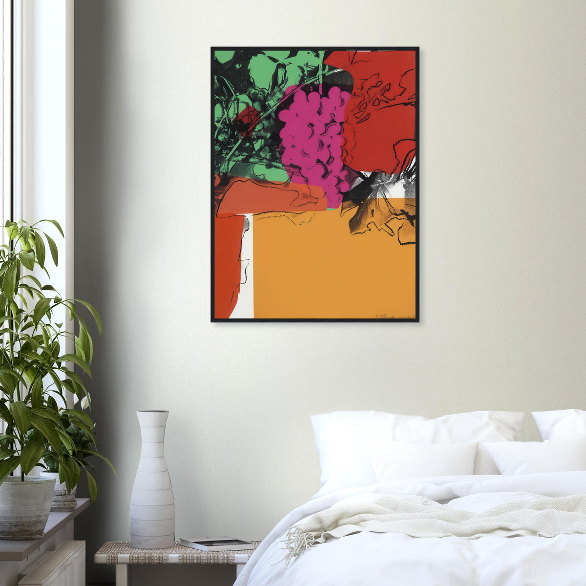 Andy Warhol framed print depicting rounded grape forms and flowing stems provide a decorative rhythm, while the composition feels more graphic than naturalistic
