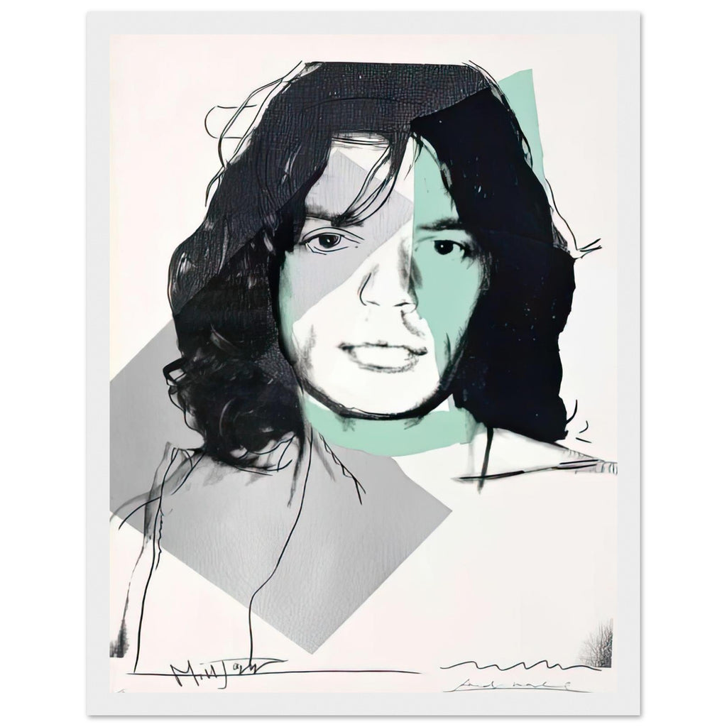 Andy Warhol framed print depicting a three-quarter portrait overlays green and grey colour fields; careful drawn contours place unusual emphasis on the singer’s eye; Warhol’s ten Mick Jagger portraits followed a long friendship with the Rolling Stones singer, including, white frame, 27x35 cm / 11x14″
