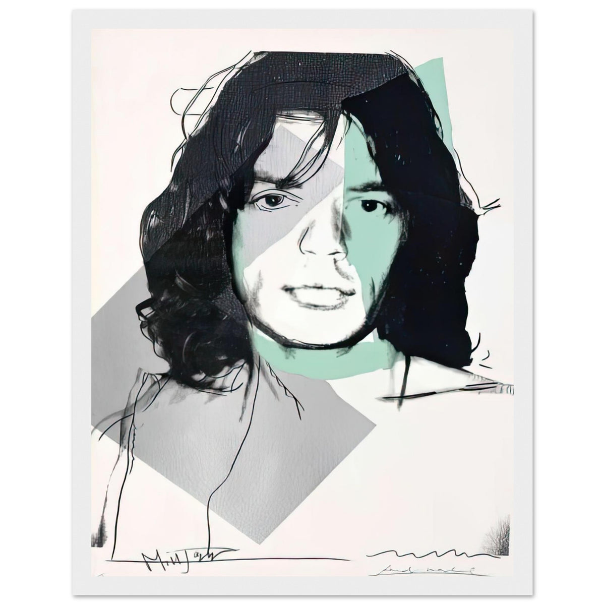 Andy Warhol framed print depicting a three-quarter portrait overlays green and grey colour fields; careful drawn contours place unusual emphasis on the singer’s eye; Warhol’s ten Mick Jagger portraits followed a long friendship with the Rolling Stones singer, including, white frame, 27x35 cm / 11x14″