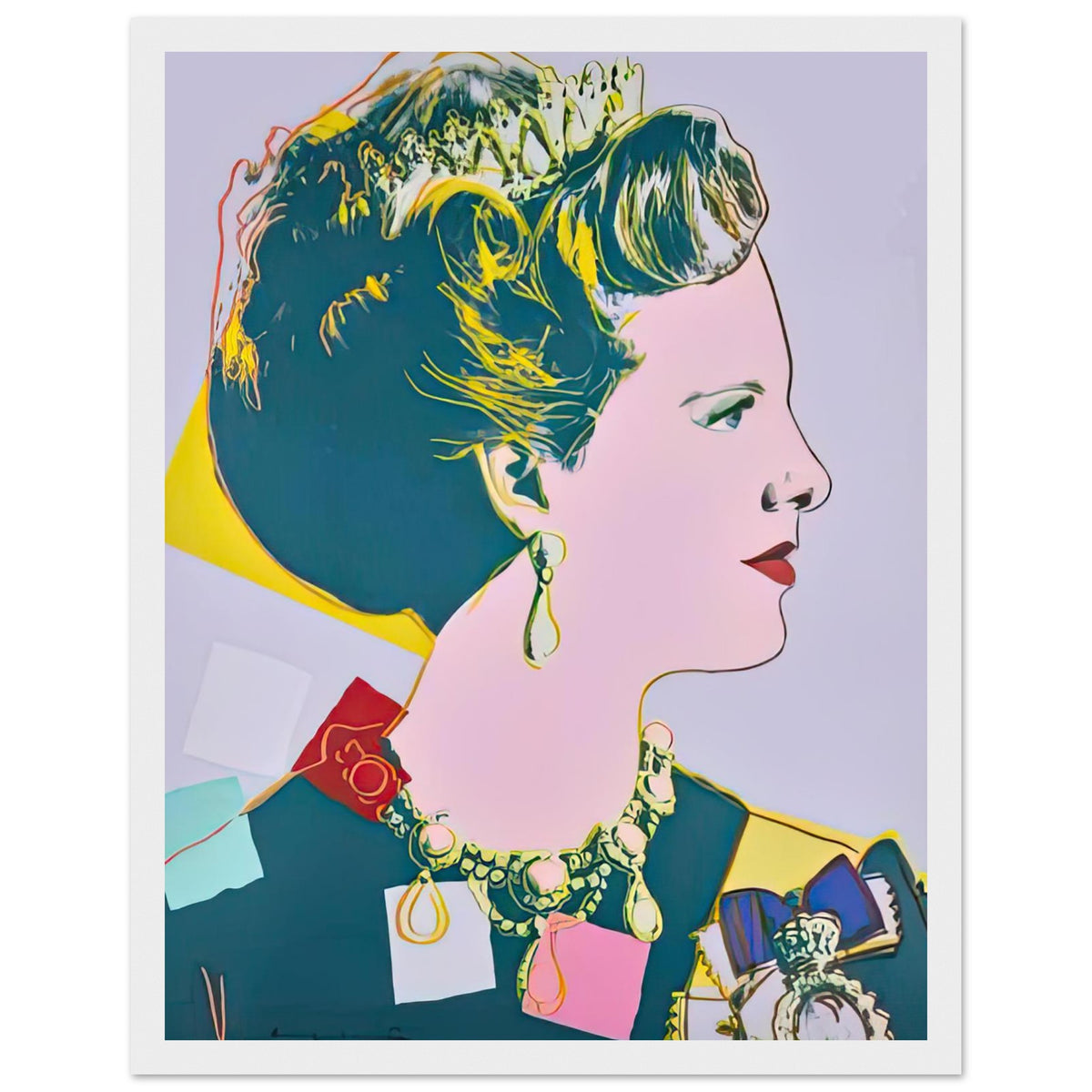 Andy Warhol framed print depicting this work depicts Queen Margrethe II of Denmark; The Reigning Queens portfolio presented four women who held ruling power in their own right: Elizabeth, white frame, 27x35 cm / 11x14″