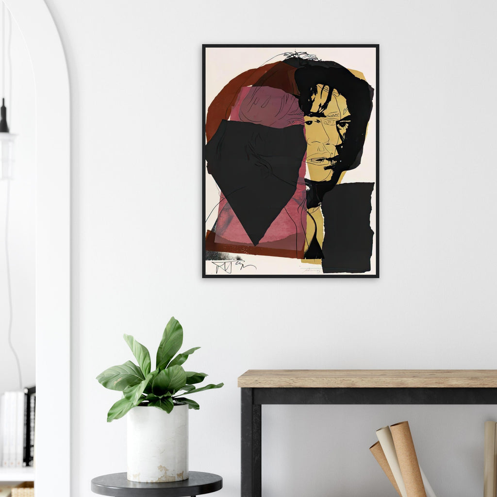 Andy Warhol framed print depicting photographic tones are interrupted by hand-drawn contours, selective colour blocks and cropped facial and bodily details; Warhol’s ten Mick Jagger portraits followed a long friendship with the Rolling Stones singer, including