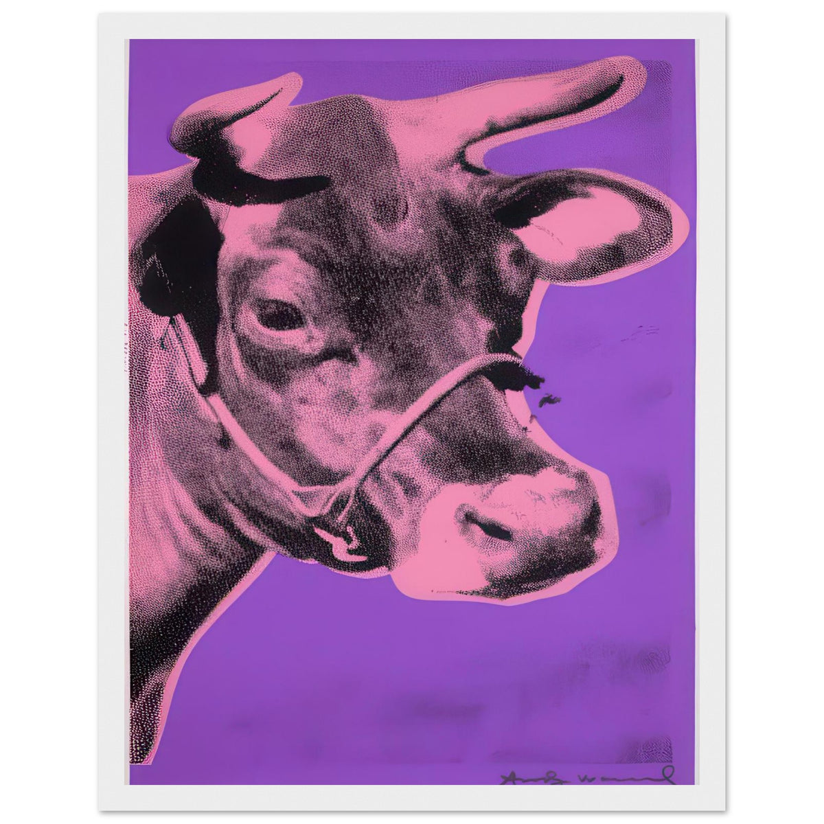 Andy Warhol framed print depicting the cow’s face becomes a bold graphic presence, replacing the gentle mood of traditional animal painting with irreverent visual impact, white frame, 27x35 cm / 11x14″