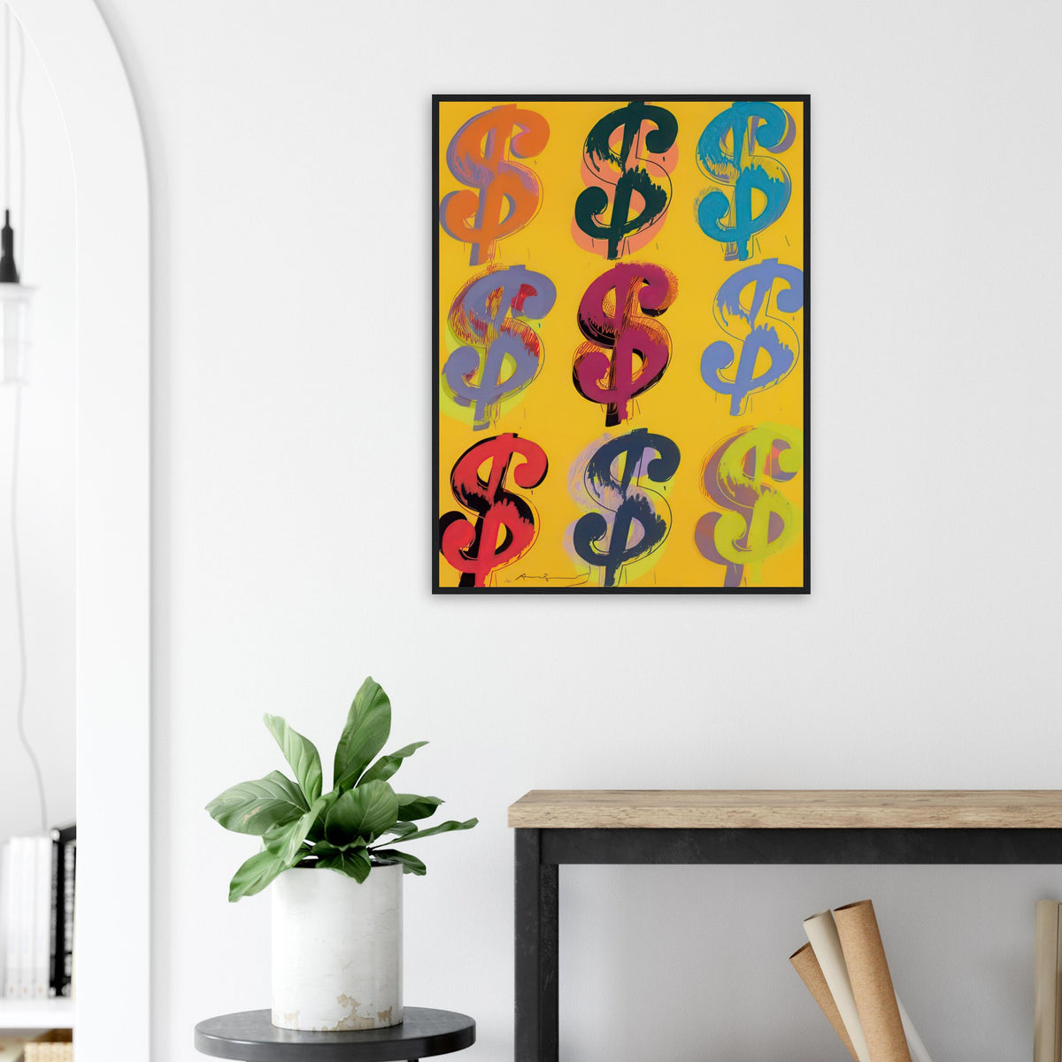 Andy Warhol framed print depicting the repeated or isolated currency mark operates like a logo: simple, recognizable and assertive