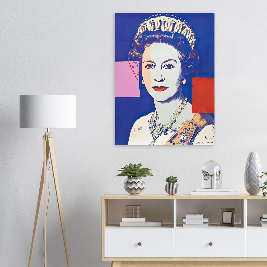 Andy Warhol poster depicting the recognizable royal portrait becomes a strong graphic focal point