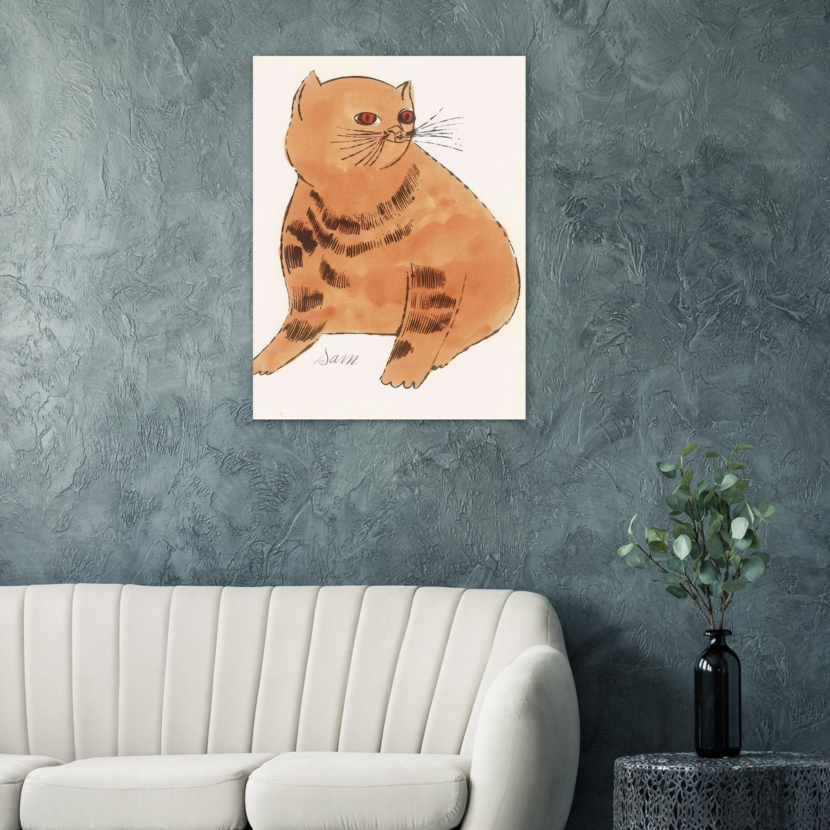 Andy Warhol poster depicting a spare contour drawing gives the animal its personality, while uncomplicated forms keep the focus on the cat’s outline and pose