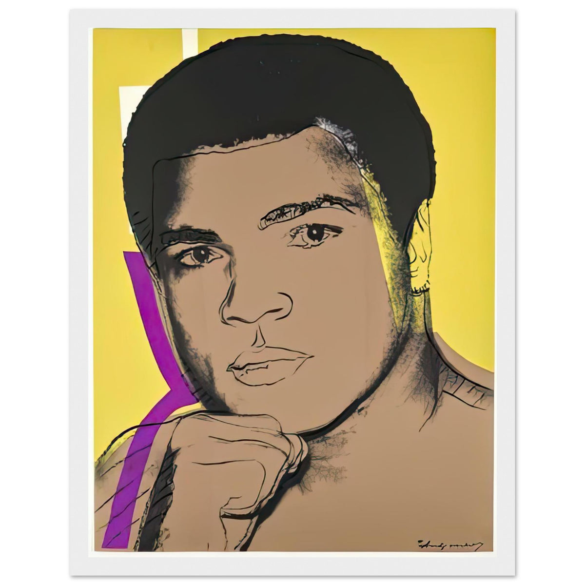 Andy Warhol framed print depicting ali turns toward the viewer with a raised fist; yellow, purple and white colour accents sharpen his focused gaze; The Muhammad Ali portfolio was developed from Warhol’s photographs of the celebrated boxer after sports, white frame, 27x35 cm / 11x14″