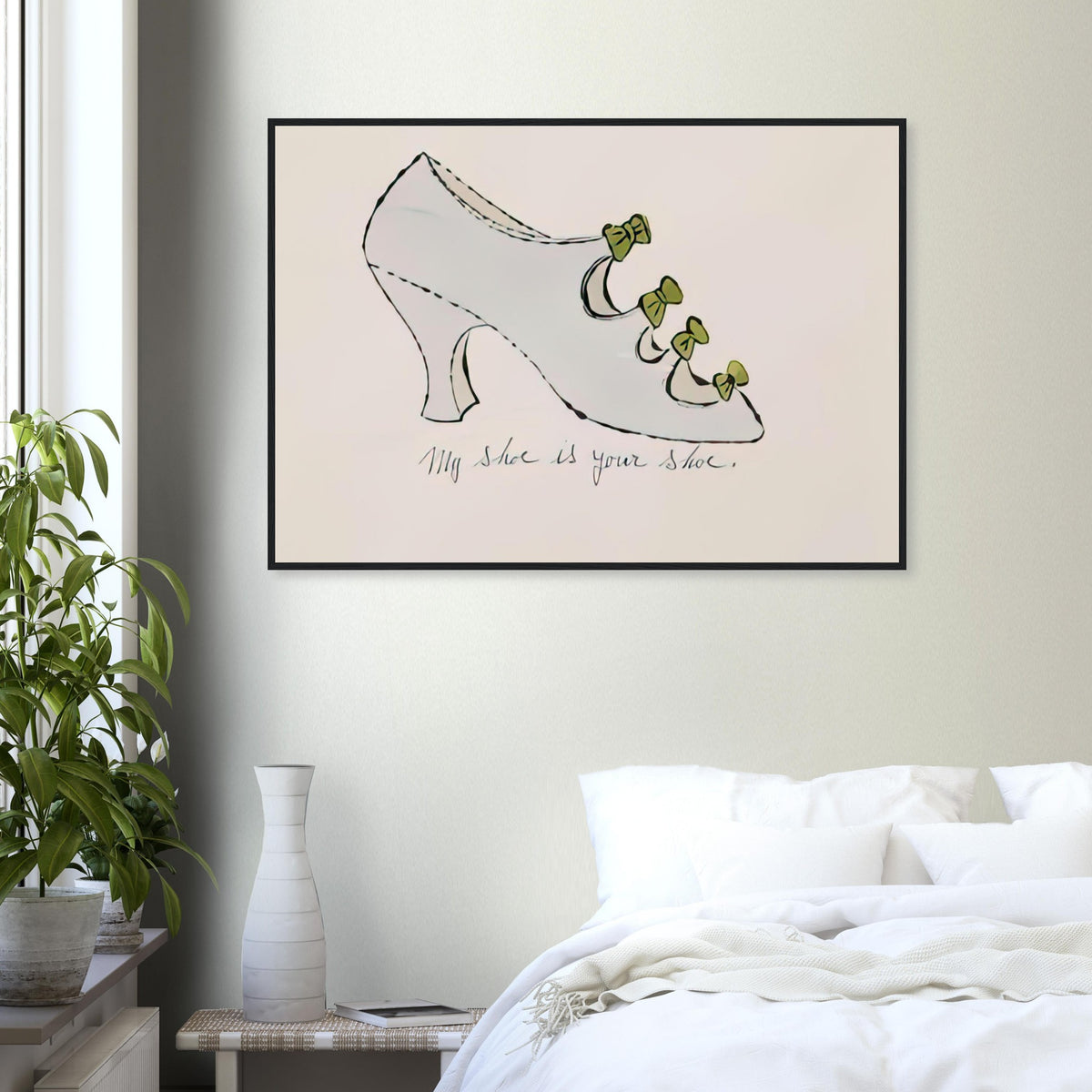 Andy Warhol framed print depicting playfully drawn footwear with expressive line work, a detail that connects the composition to its broader artistic subject