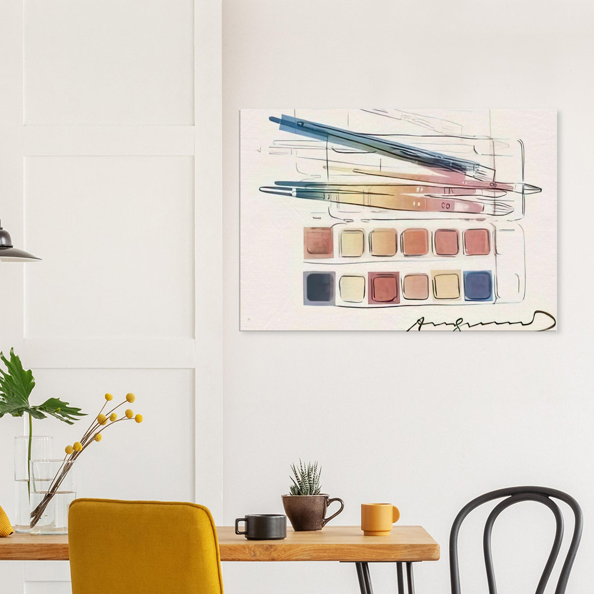 Andy Warhol canvas print depicting the compact arrangement of a watercolor painting set, a detail that connects the composition to its broader artistic subject