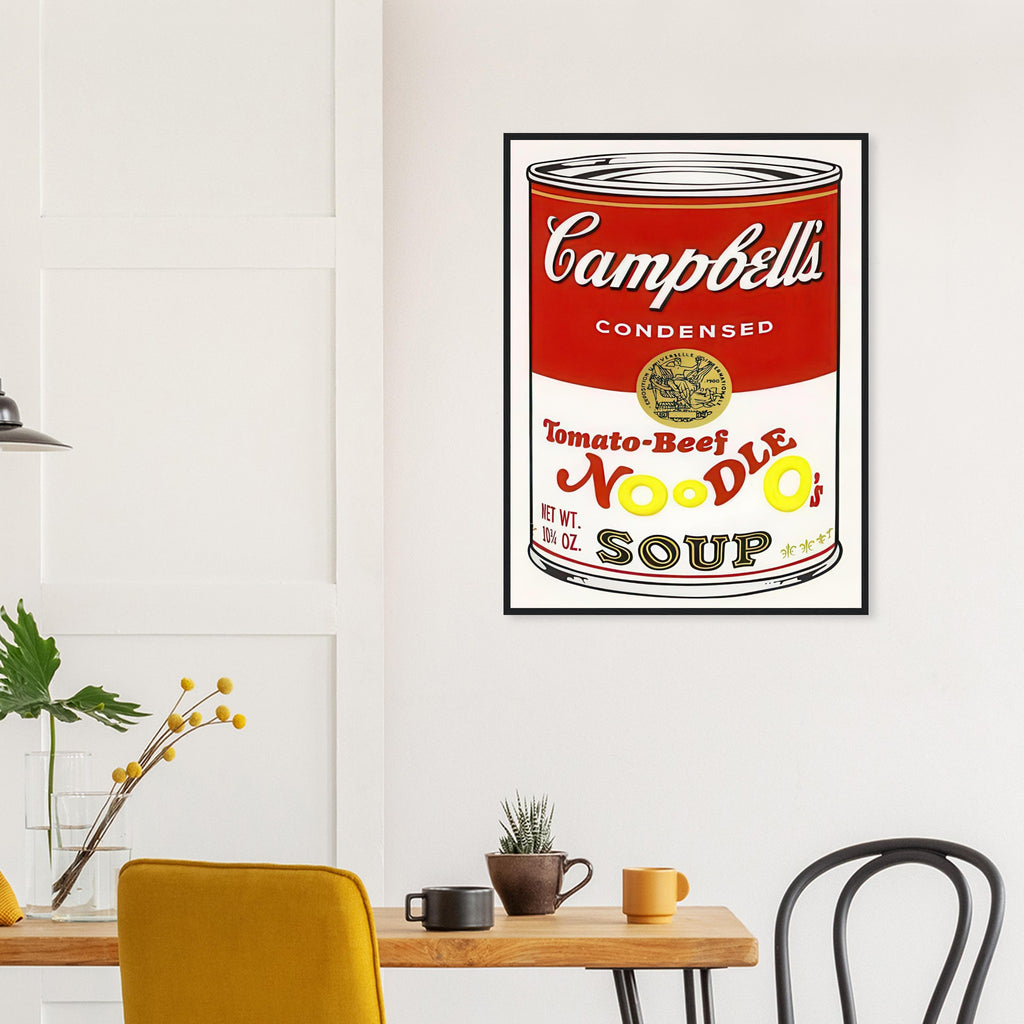 Andy Warhol framed print depicting the instantly legible soup-can silhouette, packaging lettering and product name create a highly recognizable commercial composition