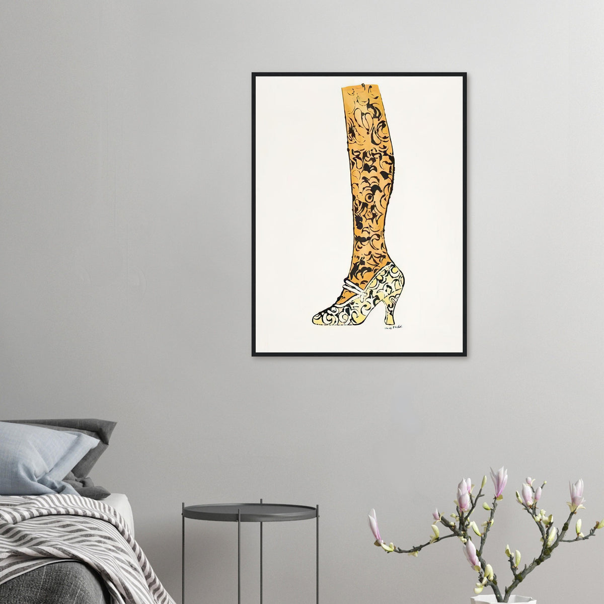 Andy Warhol framed print depicting a bright yellow high heel, golden-toned leg and black paisley decoration make an elegant fashion drawing feel witty and theatrical; Shoe and Leg comes from Warhol’s commercial-illustration era and the witty La Recherche du Shoe Perdu