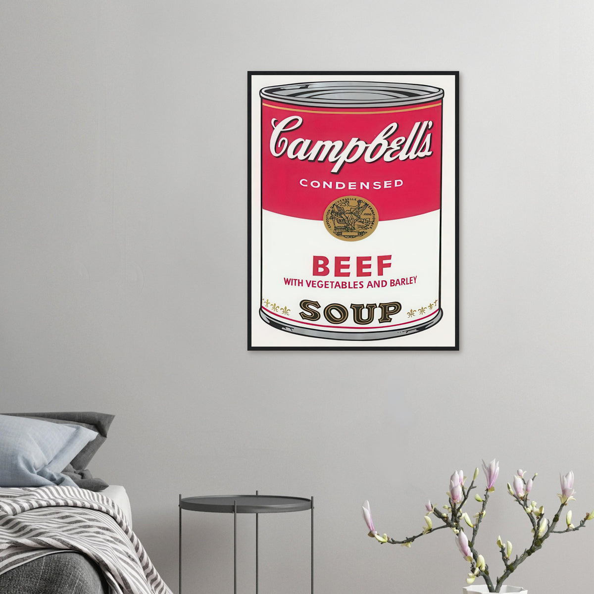 Andy Warhol framed print depicting the instantly legible soup-can silhouette, packaging lettering and product name create a highly recognizable commercial composition