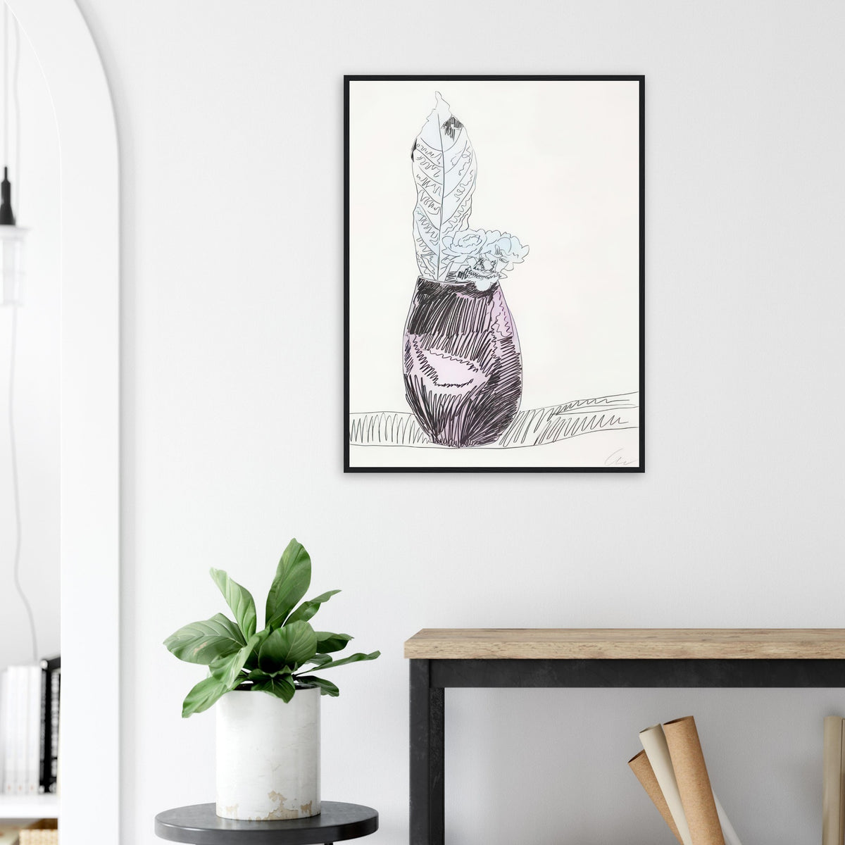 Andy Warhol framed print depicting the design highlights the relationship between compact petals, organic contours and deliberately graphic printmaking marks