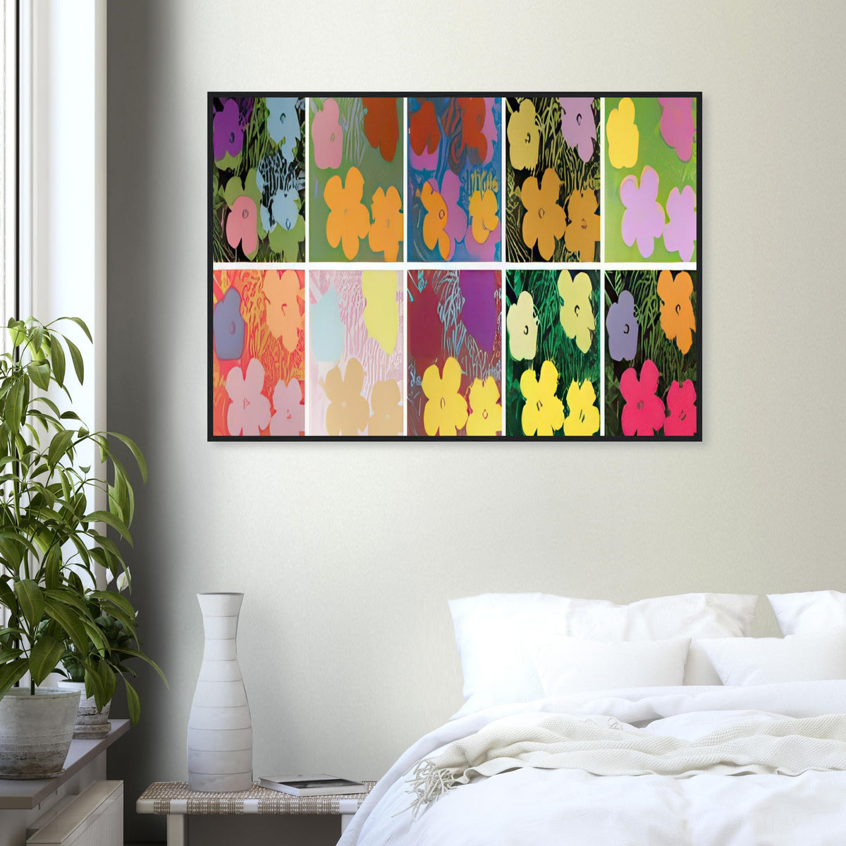 Andy Warhol framed print depicting repeated hibiscus-like blossoms with simplified petals and strong silhouettes, a detail that connects the composition to its broader artistic subject